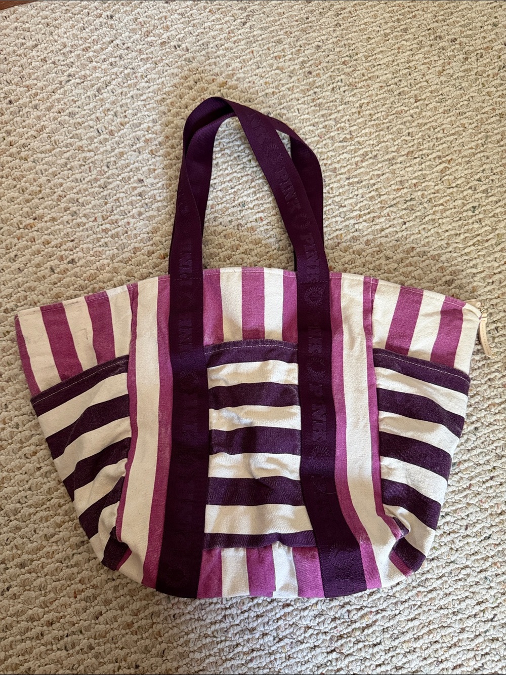 PINK Striped Purple & Cream Canvas Tote Bag